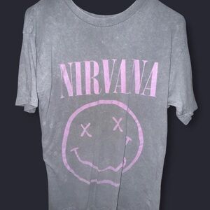 Soft Grey & Pink Nirvana Smiley Graphic Band T-Shirt
